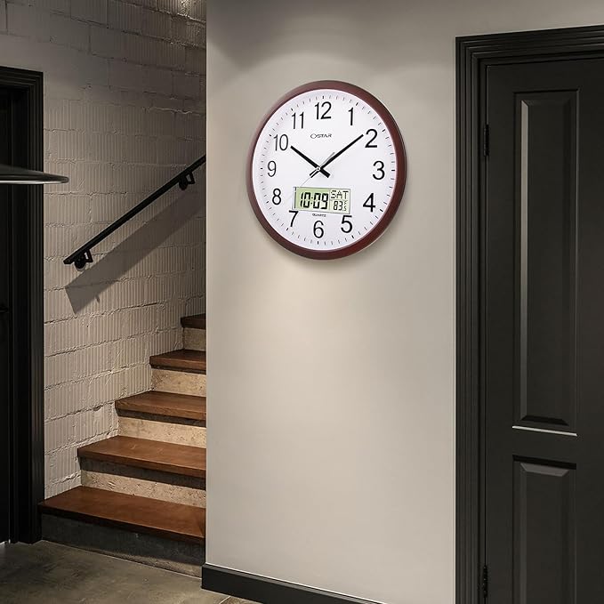 OSTAR 14" Large Analog Digital Display Wall Clock Silent Non-Ticking, Day of The Week Temperature Battery Operated Clock for Living Room Bedroom Kitchen