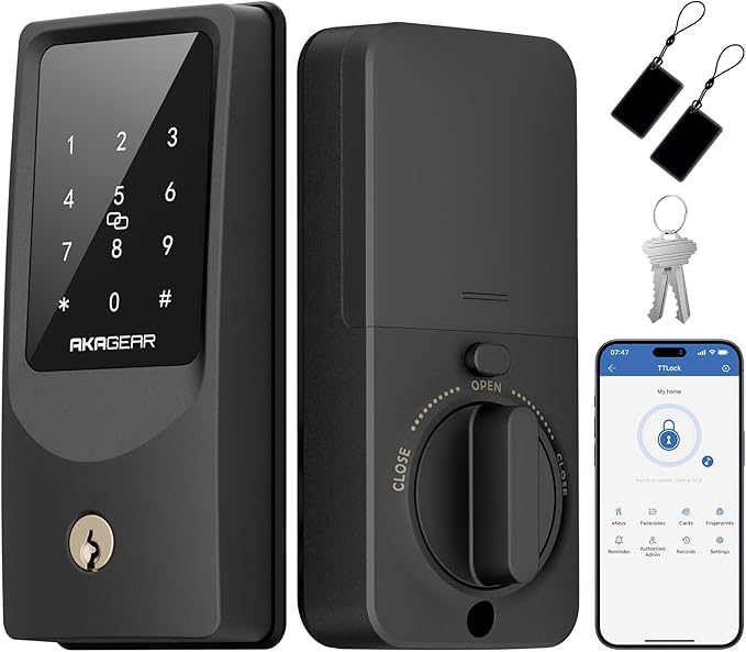 AkaGear WiFi Smart Lock Keyless Entry Door Lock with 8xAA Batteries, App Remote Control, Touchpad Keypad Deadbolt for Front Door, Auto Lock, Keys, Fob Card, PIN Code Unlock, 8-Month Battery, T02 Mini