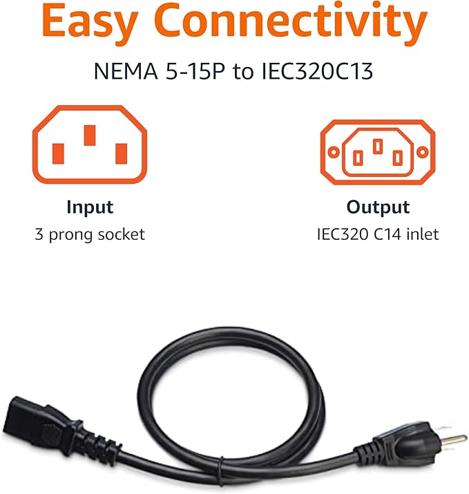 Amazon Basics PC Power Cord, 3 feet, AC Power Cord for Monitor, Computer, TV, 3 Prong, 18 AWG, 125 Volts, Black