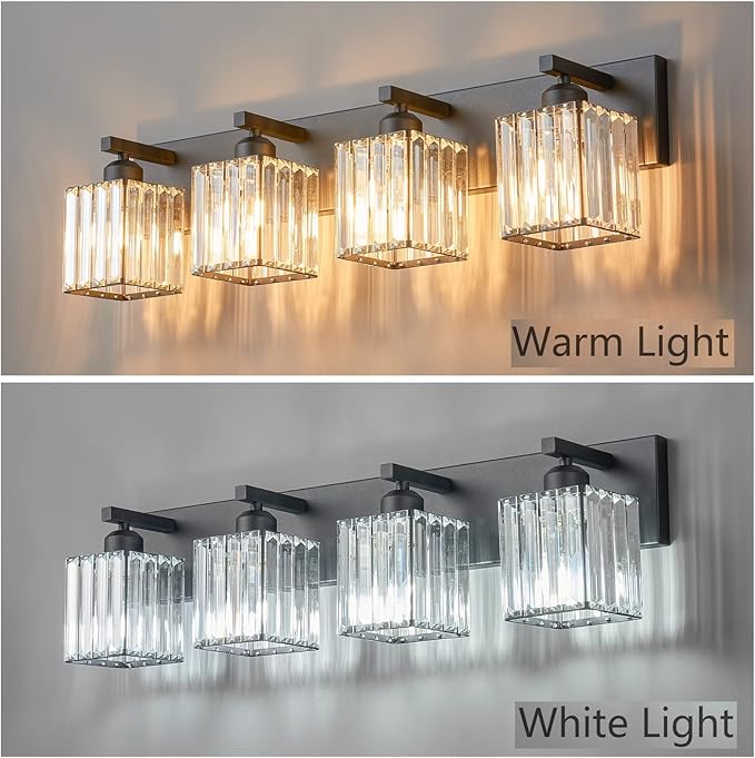 FDPBY Modern Bathroom Vanity Light 4-Lights Modern Black Crystal Wall Light Bathroom Vanity Light Fixtures
