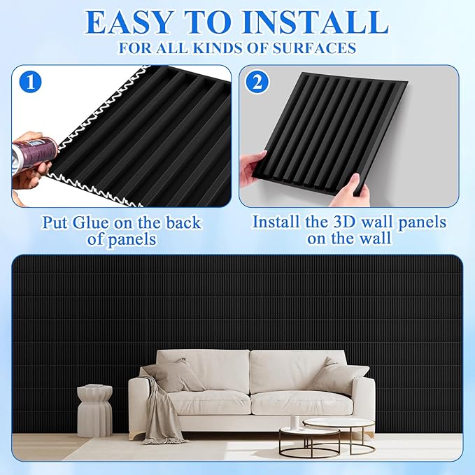 Nuanchu 90 Pcs 3D Slat Wall Panels 12 x 12 Inch PVC Fluted Textured Panel Cuttable Paintable DIY Wall Art Decorative Tiles for Ceiling Studio Bathroom Interior TV Background (Black)