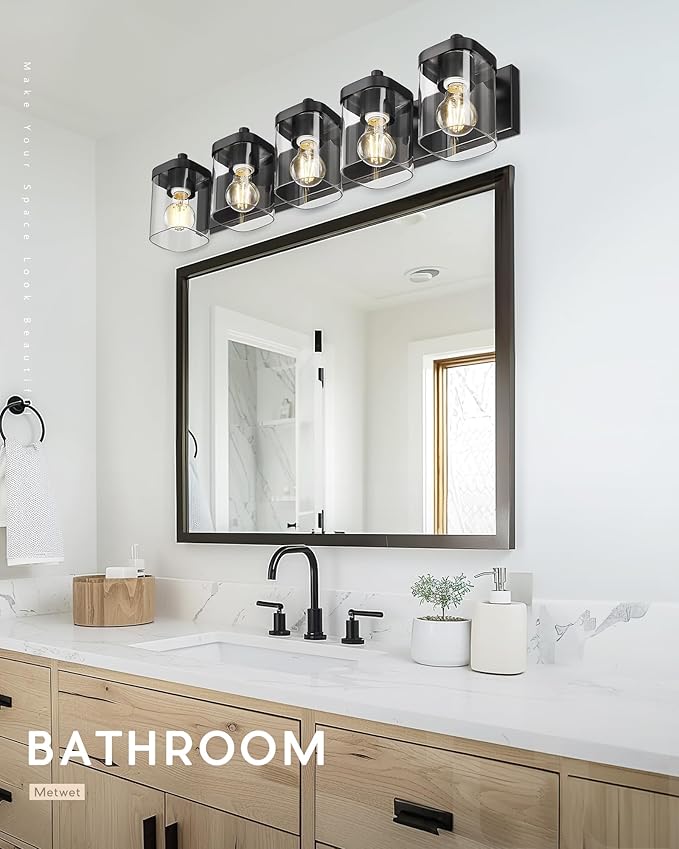 METWET Bathroom Light Fixtures, 5-Light 30" Vanity Light with Square Clear Glass Shade, Modern Matte Black Wall Sconces, Vanity Lighting Fixtures Over Mirror, VL194-MB-5