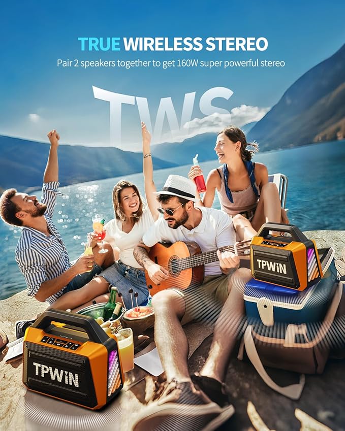 TPWIN Bluetooth Speaker - 80W Loud, Rugged Outdoor Speakers, IPX6 Waterproof, 20H Playtime, Deep Bass, Lightshow, TWS, BT 5.3 Wireless, Portable for Travel Hiking Camping Beach Pool - Orange