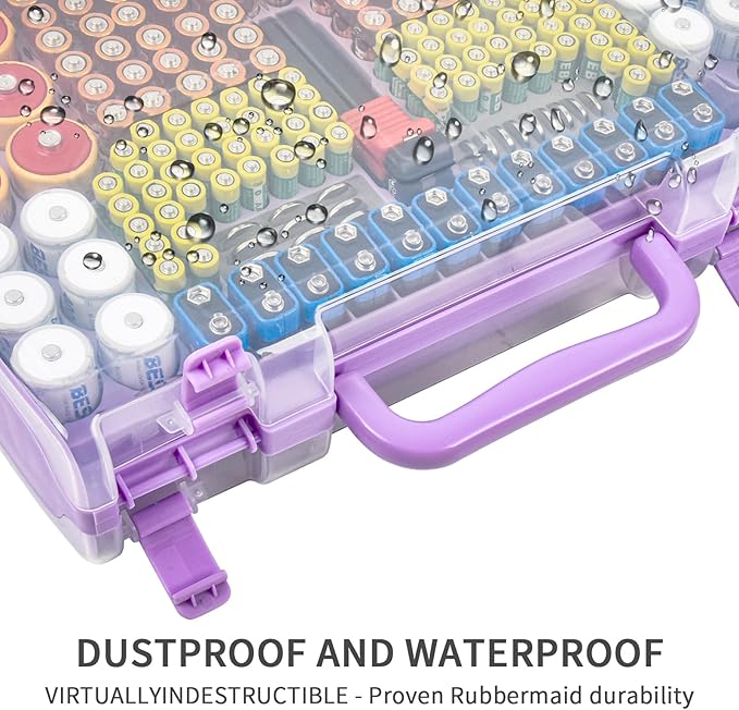 Aptbyte Battery Organizer Storage Holder Box Case with Tester- 269 Batteries Double-Sided Variety Pack, Holds AA AAA 4A C D Cell 9V 3V Lithium LR44 CR2 CR123 CR1632 18650 Button- Purple (Box Only)