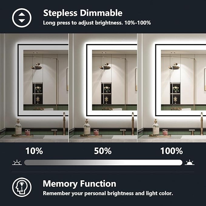 YEELAIT 36x30 Inch LED Bathroom Mirror with Lights (Front Lit and Backlit) Black Framed Lighted Vanity Mirror for Bathroom Wall Dimmable Anti-Fog Memory Tempered Glass Horizontal/Vertical