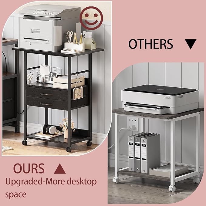 VENNQD Large Printer Stand with Storage Fabric Drawer Under Desk Printer Table with Wheels for Home Office, Printer Cart fit Fax Machine Scanner (Black, 3 Tiers)