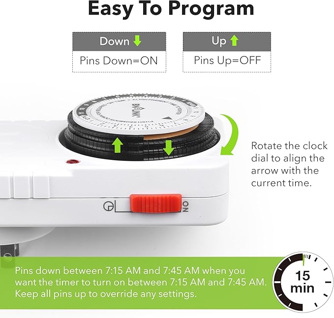 BN-LINK 24 Hour Plug-in Mechanical Timer Grounded for Aquarium, Grow Light, Hydroponics, Indoor Lighting, Home Appliances, ETL Listed 125VAC, 60 Hz, 1875W, 15A, 1/2HP (1 Pack)
