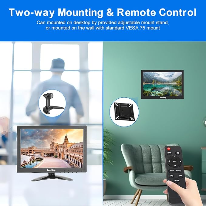 Suprlipy 10 inch FHD Small IPS Monitor LCD Display Screen 1920x1200 60Hz 16:10 with BNC VGA AV Input Built-in Lounspeakers for CCTV Security Camera DVR PC STB Game Console