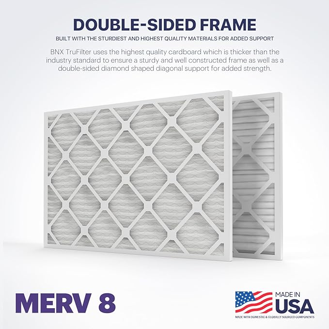 BNX TruFilter 16x20x4 (15.5’’ x 19.5’’ x 3.63‘’ Slim Fit) MERV 8 Air Filter (2-Pack) - MADE IN USA - Dust & Pet Defense Air Conditioner HVAC AC Filters for Dust, Pet, Mold, MPR 600 – 700 & FPR 5