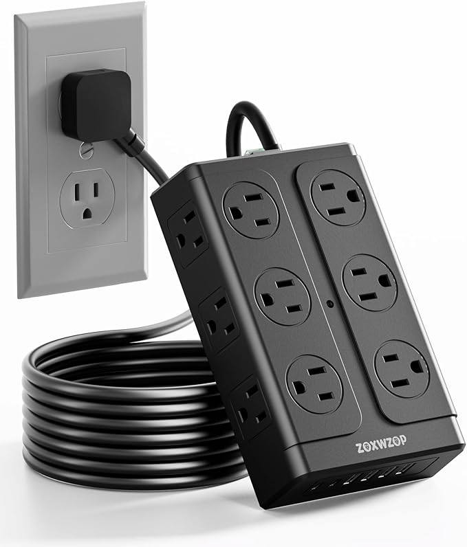 Zoxwzop Surge Protector Power Strip - 12 Outlets(1850W/15A) 6 USB Ports（2 USB C, 6FT Flat Plug Extension Cord, Wall Mount Multi Plug Outlet Extender, ETL Listed for Home, Dorm Room