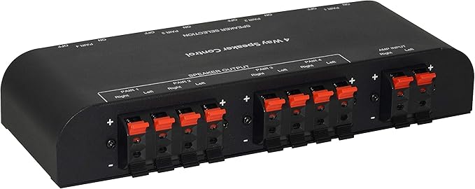 Xtrempro 61050 2 to 4 Way Speaker Switch, 1 in 2 Out to 1 in 4 Out Way Pair Stereo Speaker Selector W/Terminal Clamps Metal Non-Slip Box - Black (1 x 4 Way)