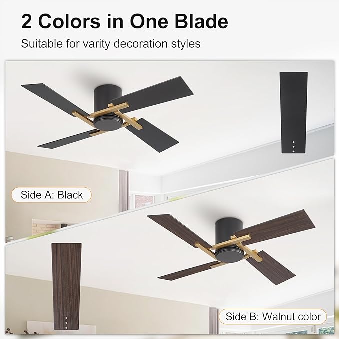 WINGBO 48 Inch Flush Mount Ceiling Fan without Light - 4 Plywood Blades, 6-Speed Reversible DC Motor, Noiseless Low Profile Ceiling Fan No Light for Bedroom Living Room, Gold and Black/Walnut