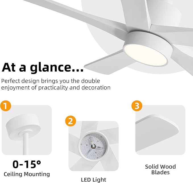 WINGBO 48 Inch DC Ceiling Fan with Lights and Remote Control, 5 Carved Solid Wood Blades, 6-Speed Noiseless Reversible DC Motor, Indoor Ceiling Fan in Gloss White Finish with White Blades