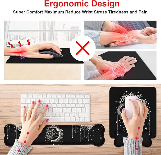 Wrist Rest Support Ergonomic Gel Mouse Pad and Memory Foam Keyboard Set, Non-Slip Rubber PU Base for Home Office Working Studying Easy Typing & Pain Relief, Celestial Theme Sun with Crescent Moon
