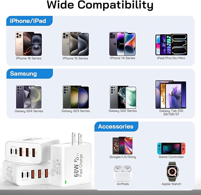 3Pack USB C Fast Charger Block, Total 60W 5-Port USB C Wall Charger 30W Type C Charging Block, 2USB C+3USB A PD 3.0 Multiport Charging Cube for iPhone 17 16 15 14 Pro Max, G-alaxy S25 S24 Ultra, i Pad