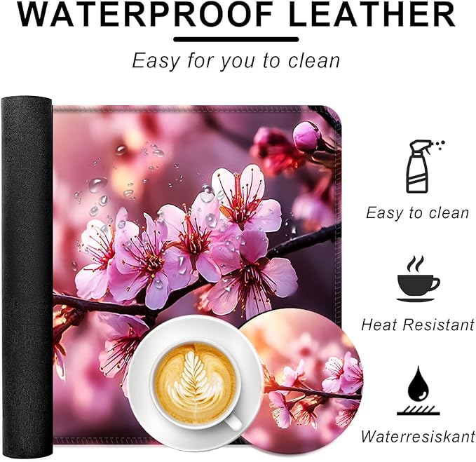 BFUKVOU Large Keyboard Mouse Pad Set, Extended Mouse Pad+Keyboard Wrist Rest Support, Memory Foam Ergonomic Easy Typing, 4Pcs (31.5×11.8 in) Desk Pad Set for Office Home,Cherry Blossom Floral