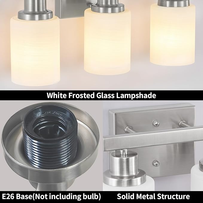 DIKAIDA 3-Light Bathroom Light Fixtures, Nickel Vanity Light, Modern Bathroom Wall Lights Over Mirror, Farmhouse Wall Sconces Lighting for Bedroom Living Room