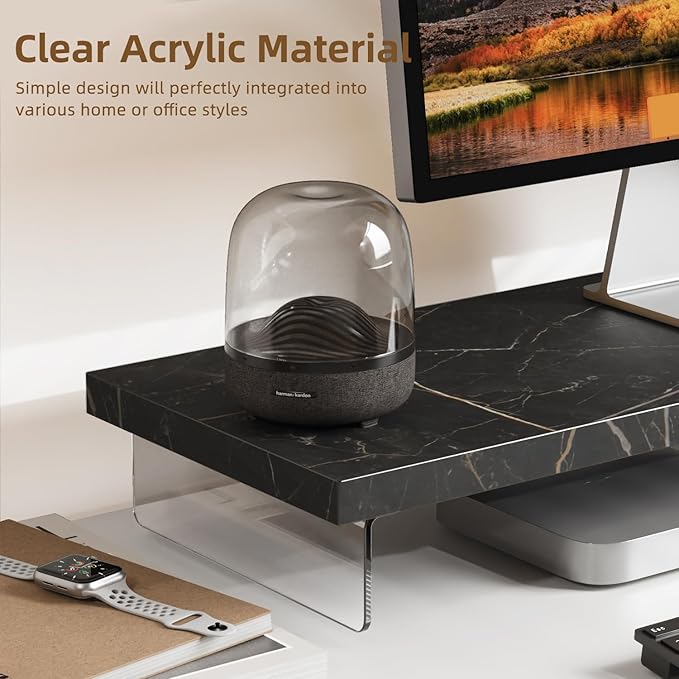 SSWOOD Monitor Stand Riser, Wood & Acrylic Computer Monitor Stand Desk Desktop Organizer Table for Home, Office Workspace, Laptop Riser, Printer, PC & TV Screen Riser