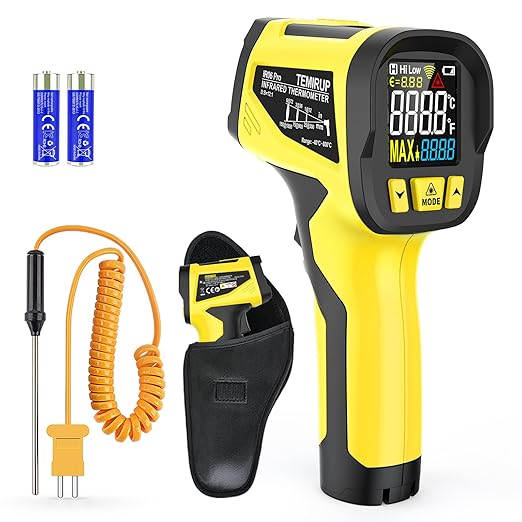 Infrared Thermometer Temperature Gun, TEMIRUP Non-Contact Digital IR Laser Temp Gun -58°F to 1472°F, K-Type Probe -40°F~1202°F, for Cooking, Pizza Oven, BBQ, HVAC, Home & Industrial