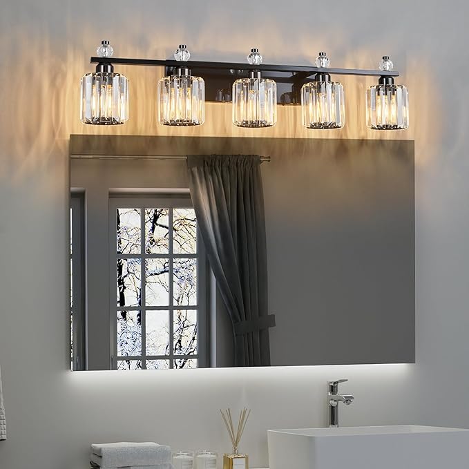 FDPBY Bathroom Vanity Lights 5-Light Plating Black Modern Crystal Vanity Light Fixtures Over Mirror Crystal Bathroom Vanity Lighting Fixtures