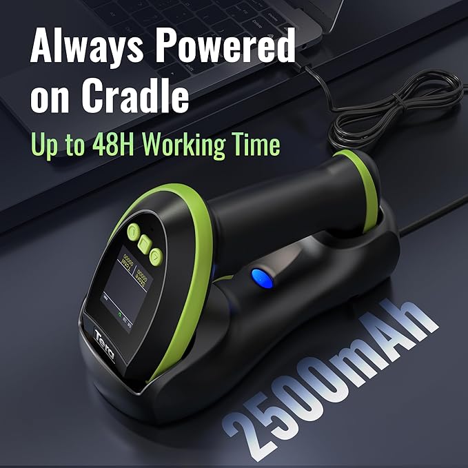 Tera Barcode Scanner Wireless with Screen: Pro Version 1D 2D QR with Setting Keypad Charging Cradle Works with Bluetooth 2.4G Wireless USB Wired Handheld Bar Code Reader HW0009 Green