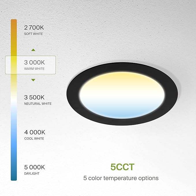 ASD 1 Pack LED Recessed Lighting 6 Inch 15W, 5 CCT 2700K-5000K CRI90+, IC Rated Ultra Thin Dimmable Ceiling Lights with J Box, Canless Wafer Downlight, Round Slim Panel Light, UL Energy Star, Black
