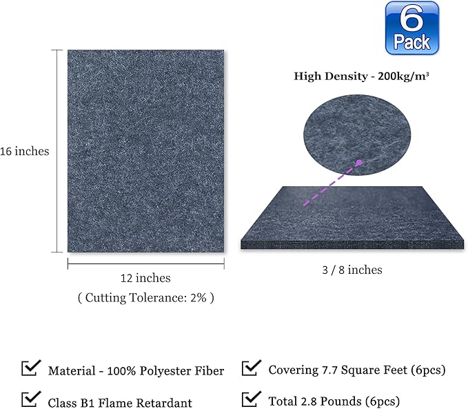 BXI Sound Absorber - 16 X 12 X 3/8 Inches 6 Pack High Density Acoustic Absorption Panel, Sound Absorbing Panels Reduce Echo Reverb, Tackable Acoustic Panels for Wall and Ceiling Acoustic Treatment