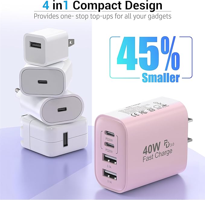 TT&C USB C Block 40W, 4 Ports Wall Plug Fast Charging Block, PD+QC Multiport Power Adapter USB C Charger Type C for iPhone 17, 17 Air, 17 Pro, 17 Pro Max, 16,15,14,13,12, Galaxy Phones (Pink 1Pack)
