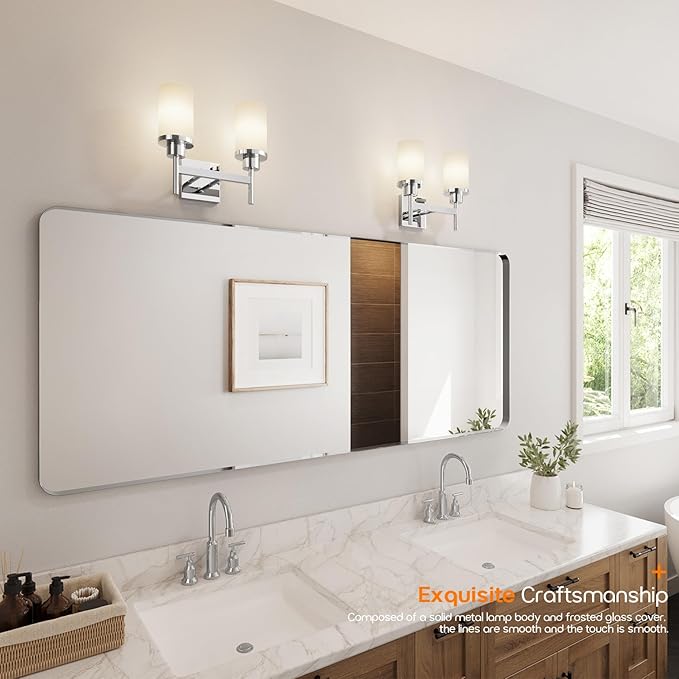 AONEON Vanity Lights Polished Chrome Bathroom Light Fixtures with White Frosted Glass Shade, Double Wall Sconces for Mirror Hallway Entrance Porch T001CH-L2