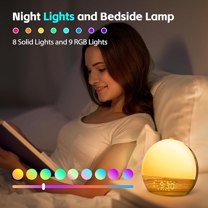 Geuuap Wood Grain White Noise Sound Machine Sunrise Alarm Clock with 25 Soothing Sounds, 17 Dimmable Night Lights, Bluetooth Speaker Wake Up Light alarm clocks for bedrooms, Heavy Sleepers, Baby, Kids