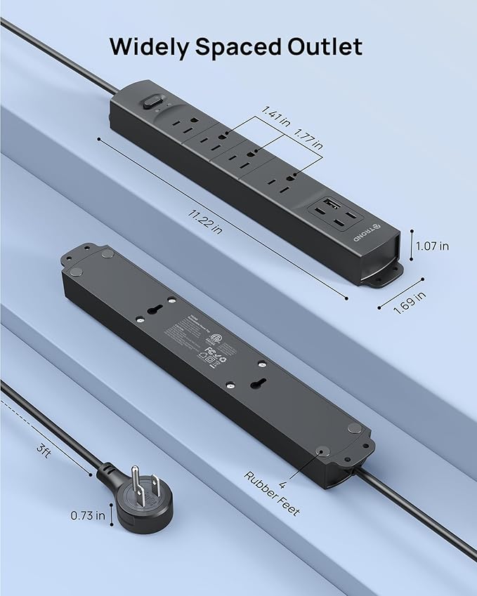 TROND 360° Rotating Plug Surge Protector, Power Strip with USB Ports, 3 USB C and 1 USB A, 1440 Joules, ETL Listed, 1625W, Wall Outlet Extender, 3ft Extension Cord for Home Office Dorm, Black