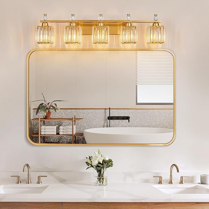 FDPBY Vanity Lights 5-Light Modern Crystal Vanity Light Gold Bathroom Light Fixtures Over Mirror Crystal Bathroom Vanity Lighting Fixtures