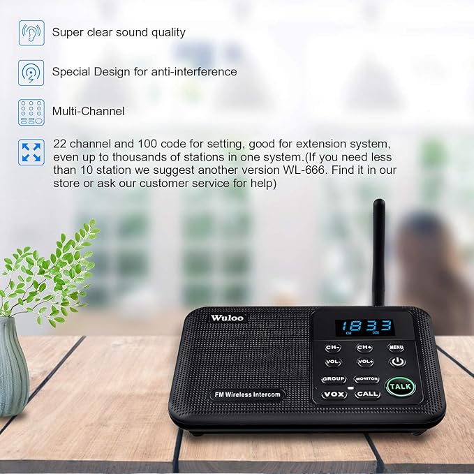 Wuloo Intercoms Wireless for Home 1 Mile Range 22 Channel 100 Digital Code Display Screen, Wireless Intercom System for Home House Business Office, Room to Room Intercom Communication (6 Packs, Black)