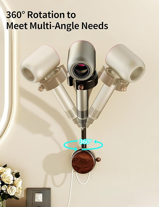 Hands Free Hair Dryer Holder Wall Mounted with Suction Cup, No Drill Installation for Damage-Free Walls, 360° Adjustable Blow Dryer Holder Fits Most Hair Dryers for Bathroom Organization1 Pack(Black)