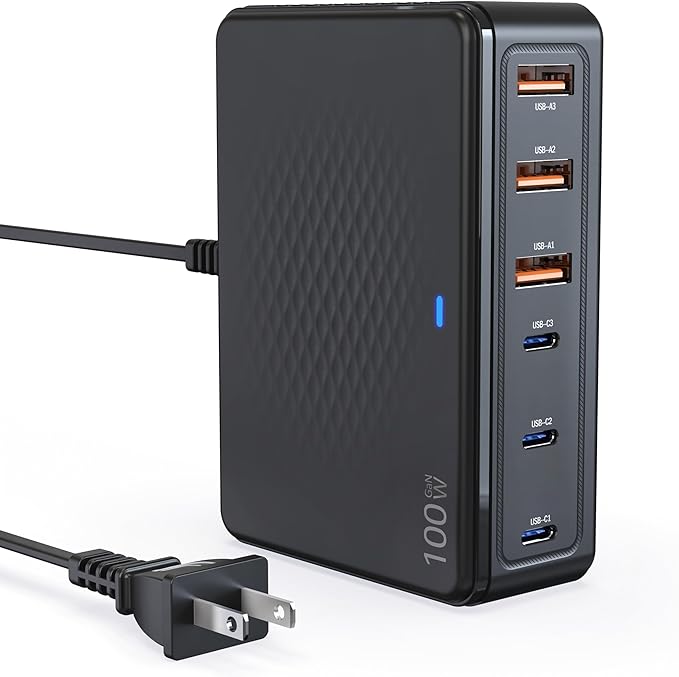 100W USB C Fast Charger, GaN III 6 Port PD+QC Multiport Charging Station Charger Hub, USB Charger Block, USB-C Adapter Plug for iPhone 17,17 Air,16,15, 14, 13, Pro Max, Galaxy S25, S24-5ft Cord
