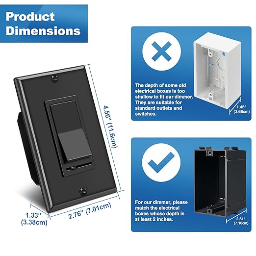 BESTTEN 2 Pack Dimmer Wall Light Switch, Single Pole or 3-Way LED Slide Dimmer Switch, Compatible with Dimmable LED, Incandescent, Halogen and CFL Bulbs, Wallplate Included, UL Listed, Gloss Black