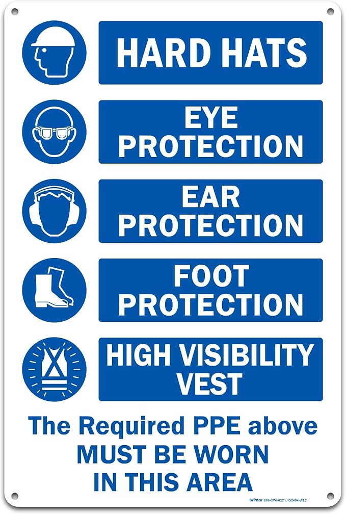 Brimar - 12" x 18" - The Required PPE Must Be Worn Sign - .055″ Polyethylene Plastic - International Mandatory Symbols - Easy Installation