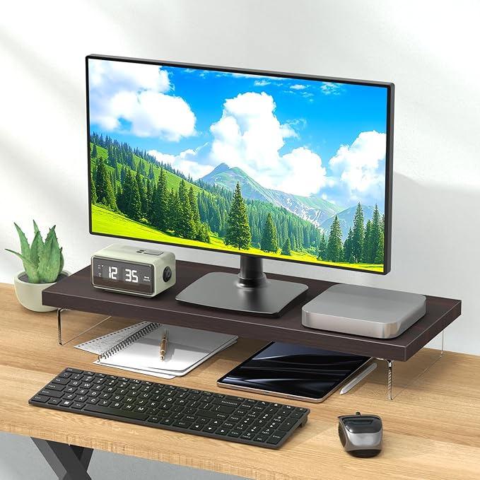SSWOOD Monitor Stand Riser, Wood & Acrylic Computer Monitor Stand Desk Desktop Organizer Table For Home, Office Workspace, Laptop Riser, Printer, PC & TV Screen Riser