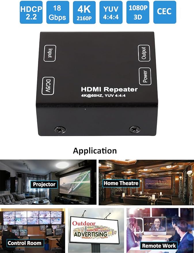 DTECH HDMI Signal Amplifier Booster Repeater 4K 60Hz YUV 444 18Gbps 1080P HDCP 2.2 CEC 3D 4K2K Extender Boost up to 164 Feet Compatible with VR TV Box Blu-ray Player HDTV Monitor Projector Computer