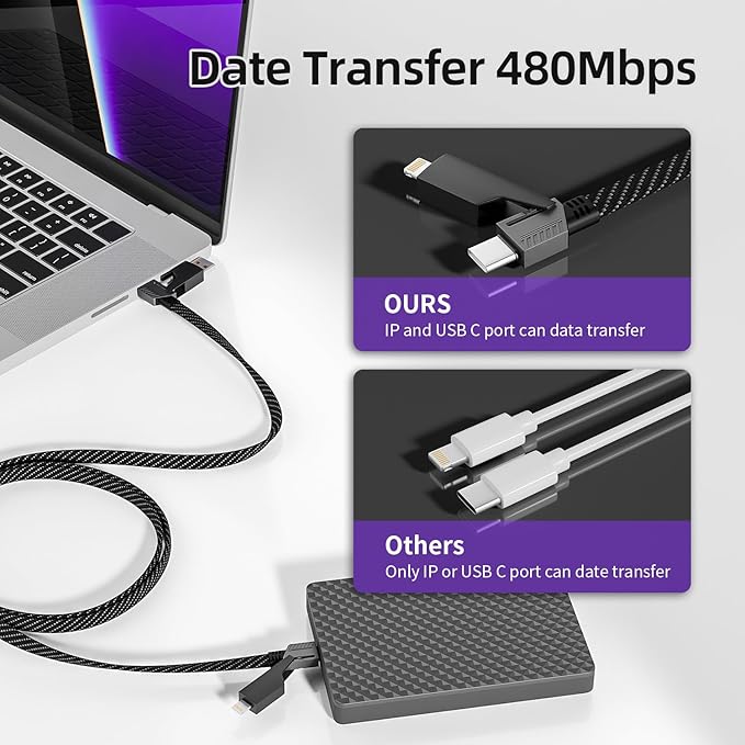 Firsting 4 in 1 Charging Cable 65W, USB C Cable Fast Charger Cord with E-Mark Chip, USB A/C to C/Lightning Cable, Multi iPhone Charger Cord for iPhone16/15/14/13 Series/Phones/Pads and Laptop