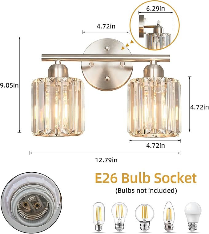FDPBY Modern 2 Light Crystal Vanity Light, Brushed Nickel Vertical Bathroom Light Fixture Over Mirror for Dressing Table Sink, Compatible with Dimmable Bulbs (Bulbs Not Included)