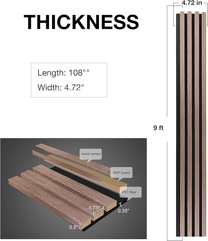 NeatiEase Wood Wall Panels, 9 Feet Acoustic Slat Wall Panels for Interior Wall Decor and Noise Reduction, Decorative Slat Wall Paneling, Smoked Oak, 4-Piece