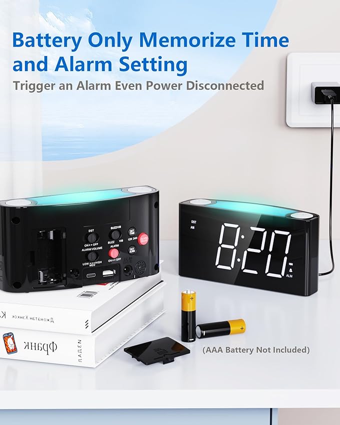 Vibrating Alarm Clock with Bed Shaker for Heavy Sleepers, Beside Clock with Night Light for Bedrooms, 2 USB Chargers,Large LED Display with Dimmer,Snooze 12/24H DST, Battery Backup