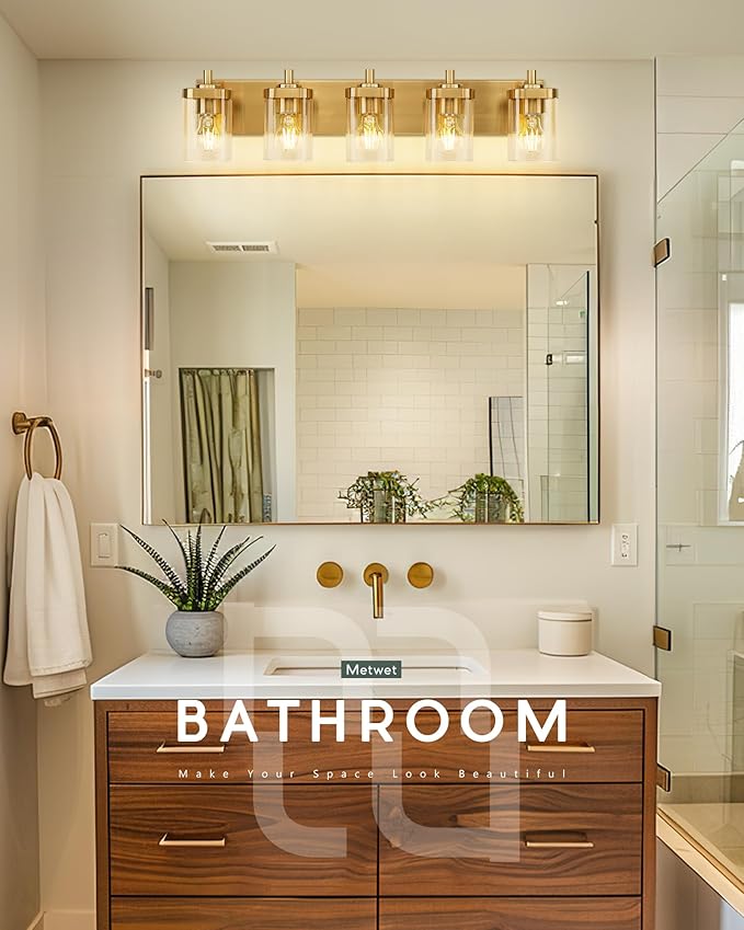 METWET Bathroom Light Fixtures, 30" Brushed Gold Vanity Light, 5-Light Modern Wall Sconces with Square Clear Glass Shade, Vanity Lighting Fixtures Over Mirror, VL194-BG-5