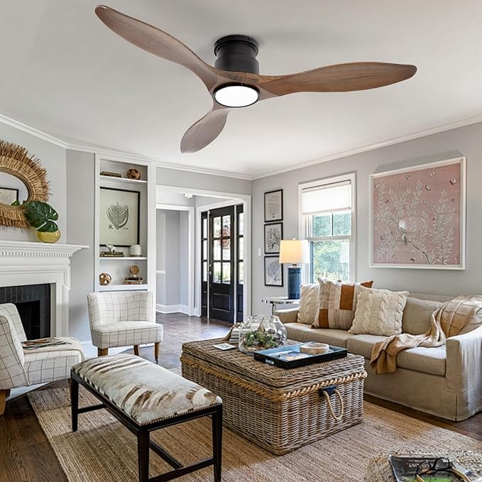 revoici 52'' Ceiling Fan with Lights and Remote, 3 Blade Amber Wood Low Profile Flush Mount Ceiling Fan Indoor, Reversible 6 Speeds Dimmable LED Light Fan for Bedroom Living Room Farmhouse