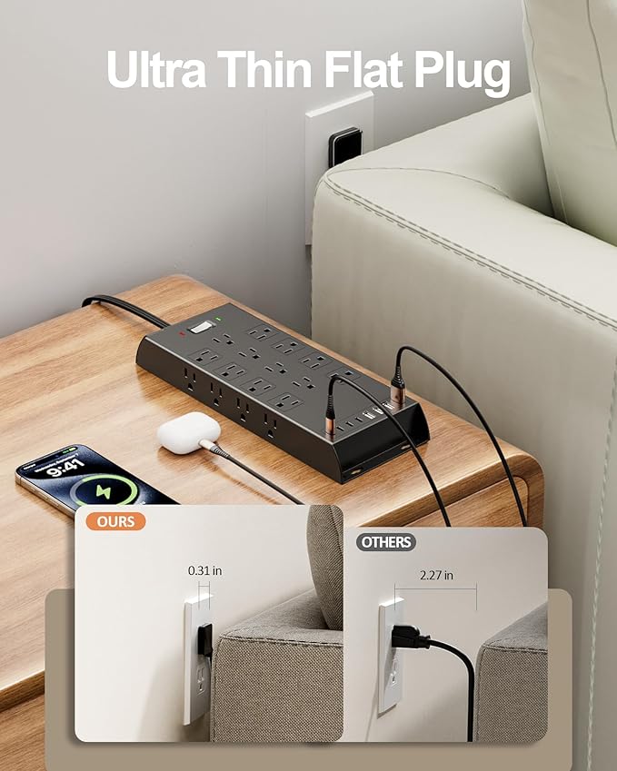 Surge Protector Power Strip 4800J, LeZone 10Ft Long Extension Cord Flat Plug, 20 Outlets 8 USB Ports(4 USB-C), Wall Mountable, Desk Charging Station, Black