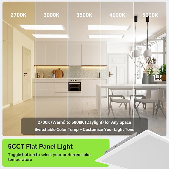 2x2 LED Light Flat Panel 4Pack,40/35/30/25/20W,5 Color Temps 2.7K/3K/3.5K/4K/5K,Dimmable (0-10V) Recessed Drop Ceiling Lights,5200 LM Fixture Flush Mount Ceiling for Office Kitchen Garage ETL-4Pack