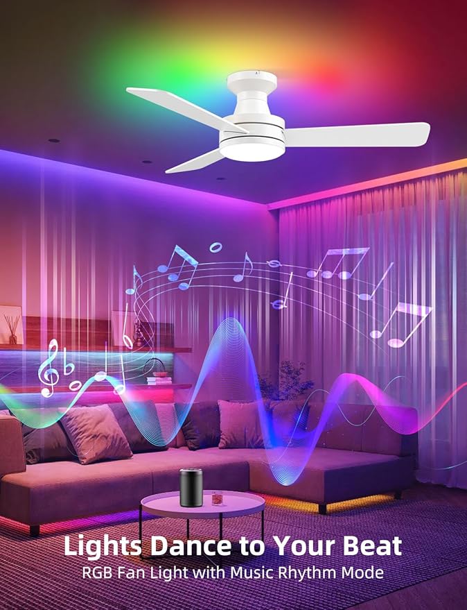 Homlit 42" RGB Ceiling Fan with Light, Music Sync Smart Fan with Alexa/Google/App Control, Low Profile Flush Mount, 6-Speed Quiet DC Motor, 4 CCT Dimmable Lighting for Bedroom Living Room, White