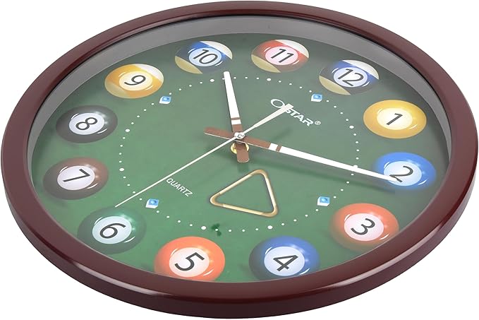 OSTAR Big Large Billiard Pool Ball Wall Clock, Battery Operated, Cue Hand, Non Ticking Quality Quartz, 14" Snooker Game