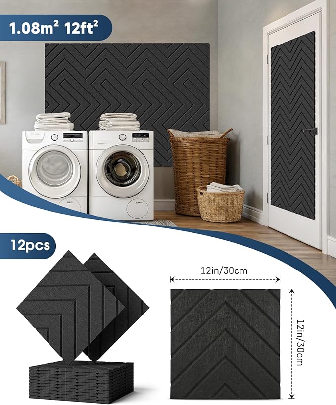 Woovio Sound Proof Foam Panels for Walls, 18 Pack Self-Adhesive Acoustic Panels, 12" X 12" X 0.4" Soundproof Wall Panels for Door, Ceiling, Home Office Black